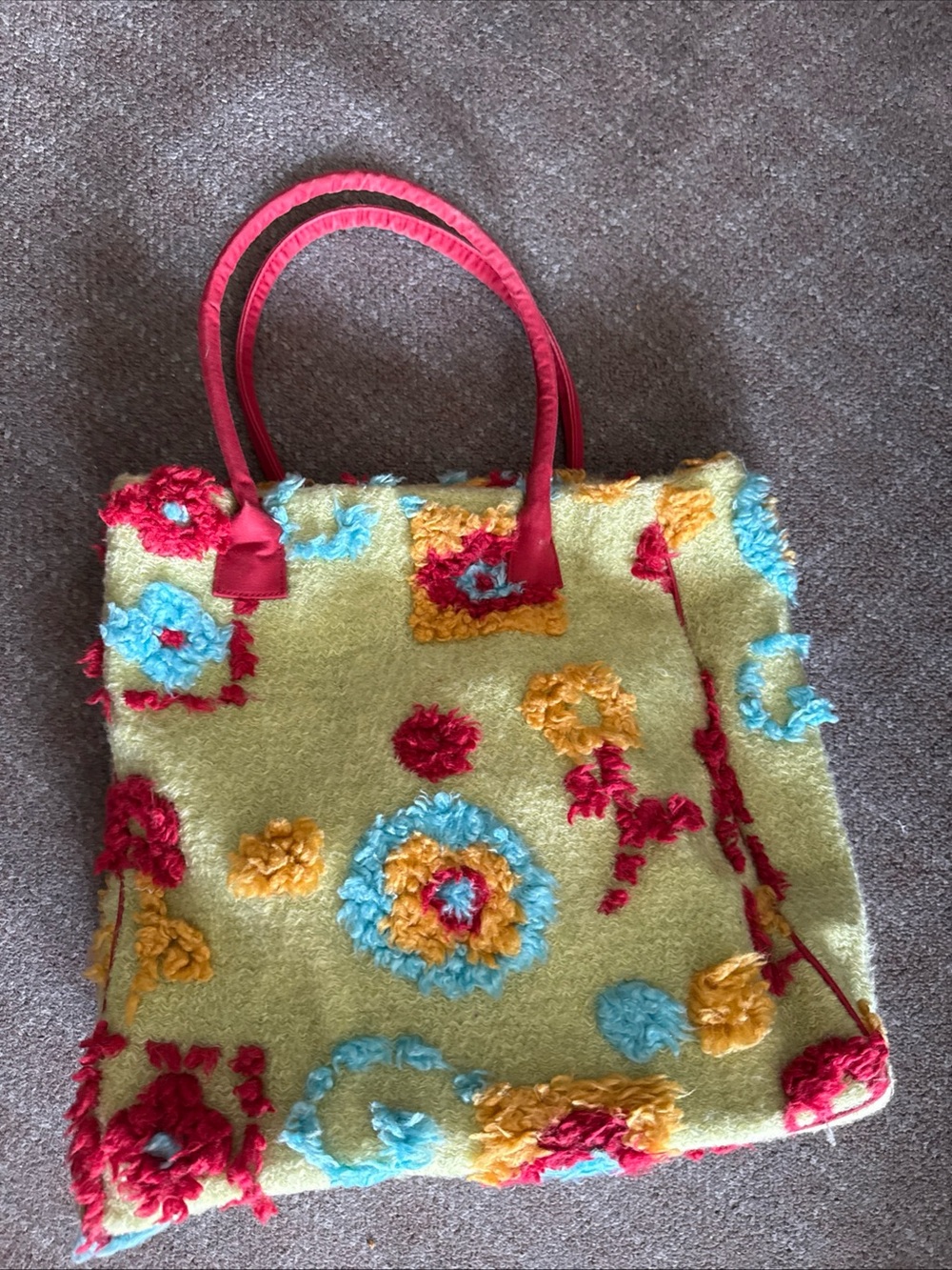 Boho VTG Colorful Floral Textured Tote Bag Lime Green with Multi-Color Accents